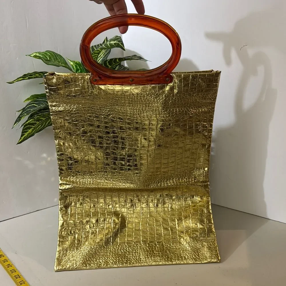 Vintage Gold Faux Croc Handbag with Amber Lucite Handle | Retro Glam Purse | Sta